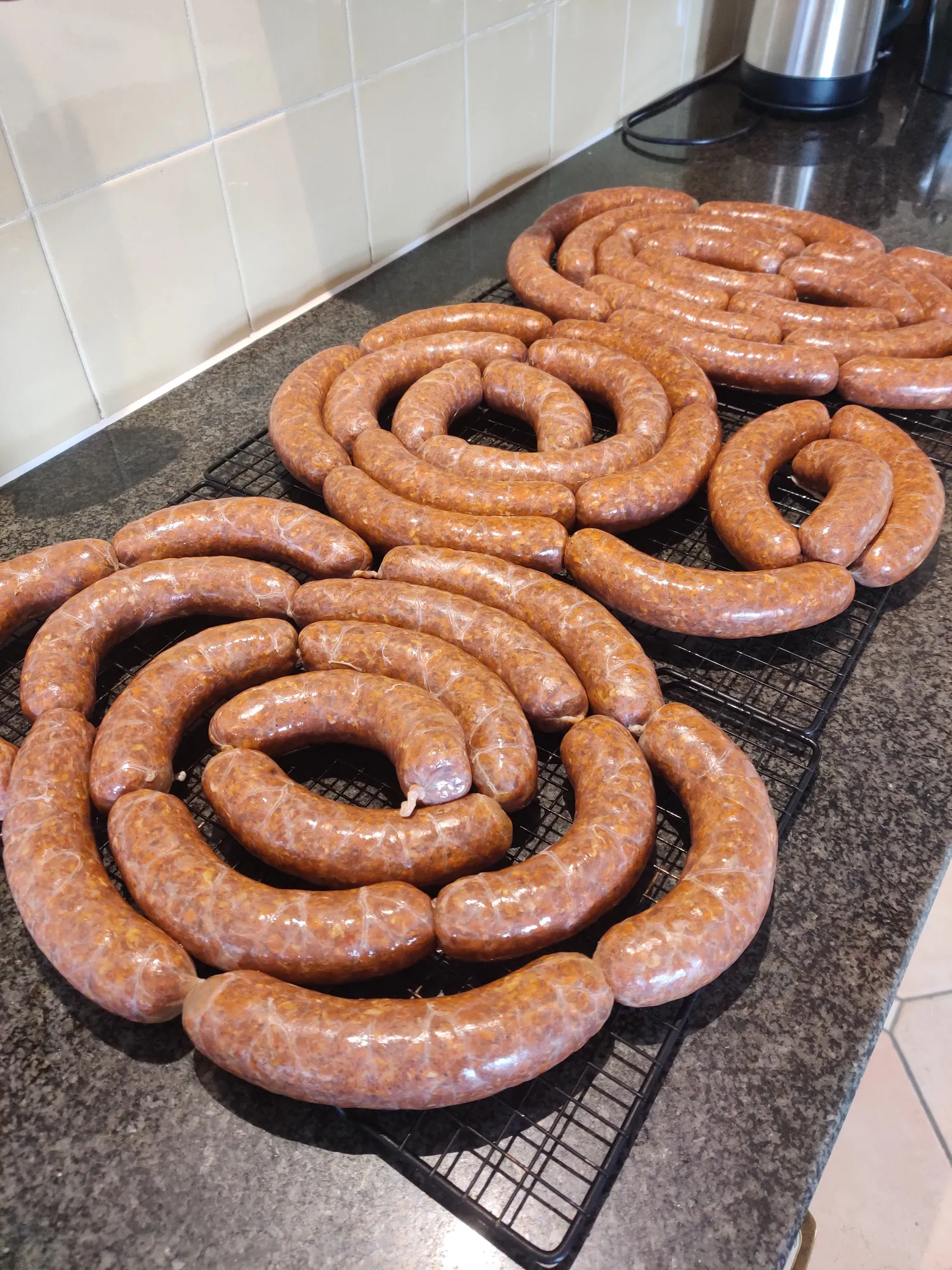 Gevulde chorizo worsten op rek — na het vullen, klaar om te drogen